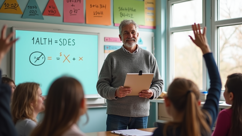 A seasoned math teacher with grey hair, wearing a cozy sweater, holds a clipboard. Students eagerly raise their hands to answer a problem on the board. The classroom atmosphere is one of focus and enthusiasm.