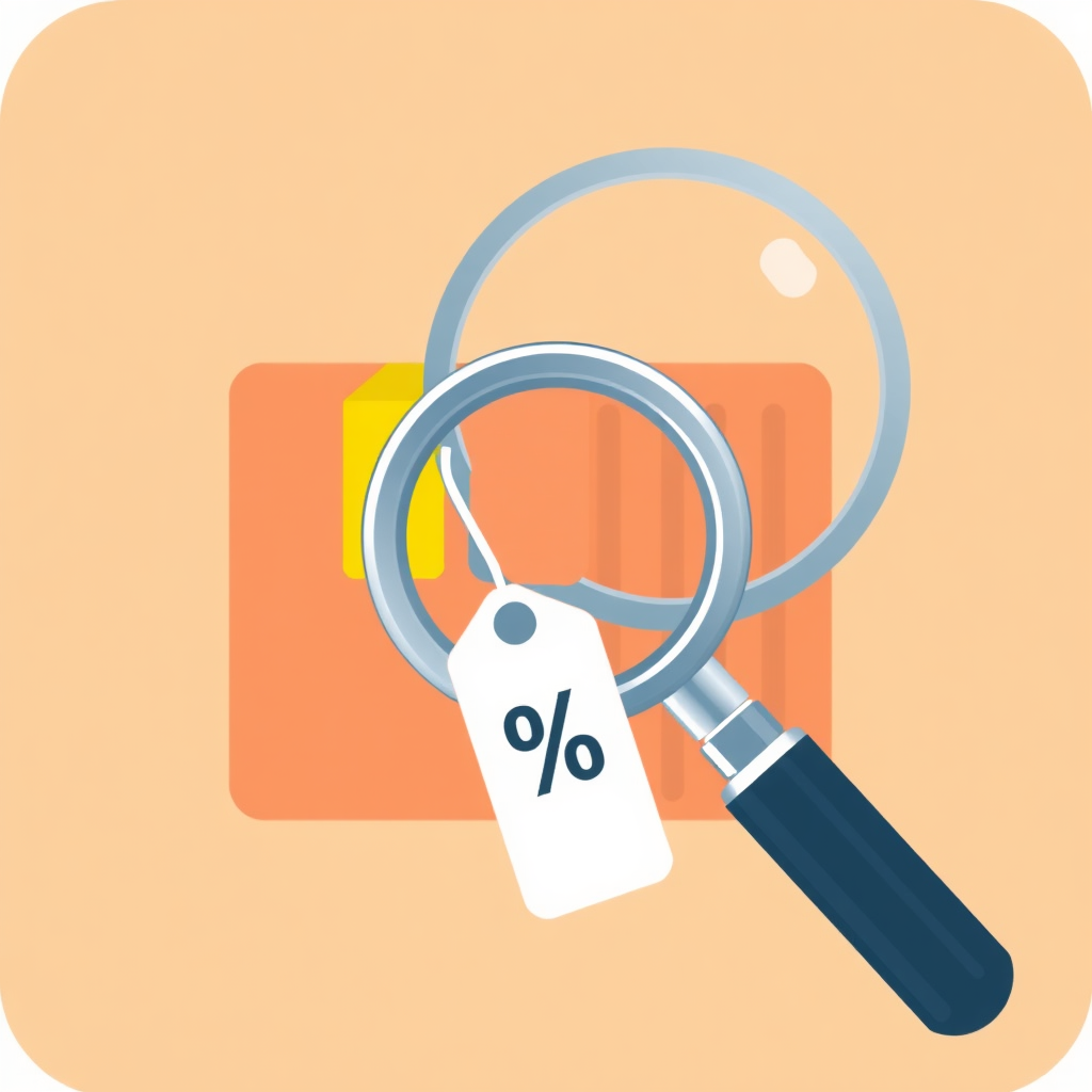 Customs Inspection & Tariff Assessment: A magnifying glass positioned over a stylized shipping container or package icon, with a small, clear tag or overlay displaying a percentage symbol (%), representing tariff assessment during customs inspection.