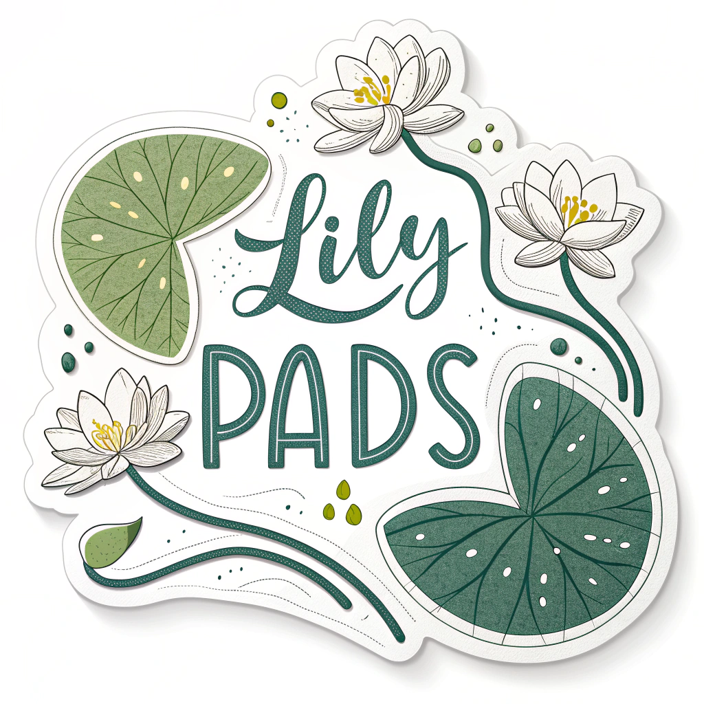 Create a die-cut sticker shape that follows the outline of the lettering and the lily pad accents.
