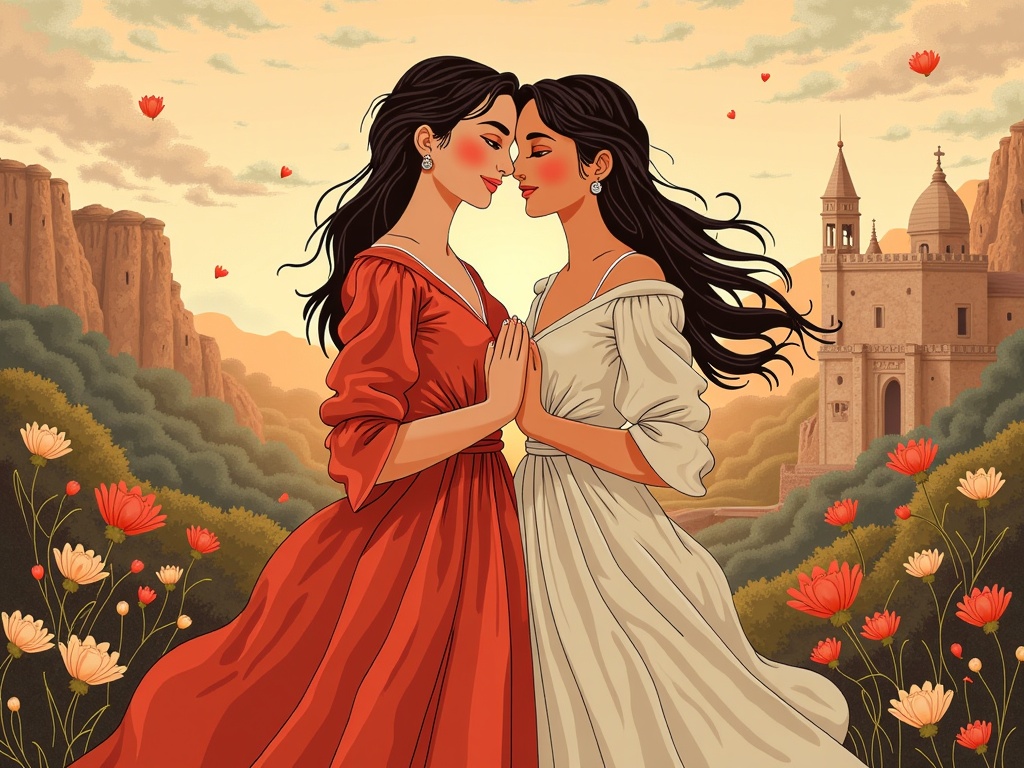 Concept 3: 'Renaissance Romance'. An AI recreates a romantic movie poster in the style of Leonardo da Vinci or Raphael, focusing on soft sfumato, serene expressions, and classical compositions for a modern love story.