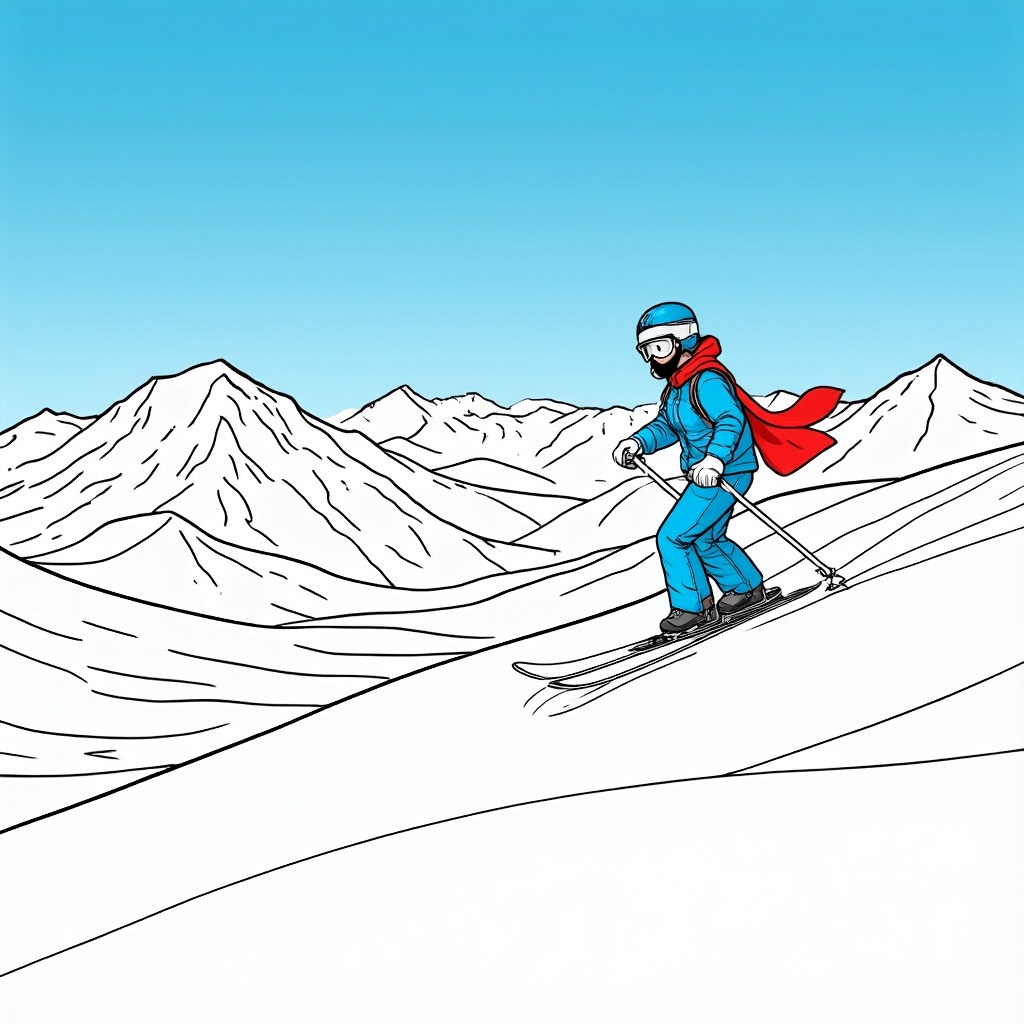 A lone skier navigating down a snowy slope, leaving a smooth trail in the fresh powder. They're dressed in a bright blue snowsuit, and their red scarf flutters in the wind. The distant peaks rise majestically, contrasting against the deep azure sky.