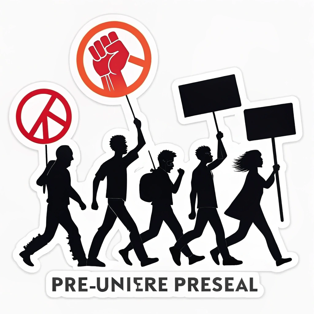 Sub-design 2: Silhouettes in dynamic marching poses, some carrying blank banners or signs for user customization, or alternatively, signs with pre-set universal symbols like a raised fist or peace sign.