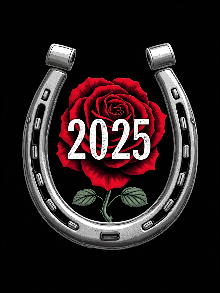 Bold Graphic: A bold, stylized horseshoe framing an iconic rose. '2025' prominent in a strong, distressed sans-serif font for a vintage sportswear look.