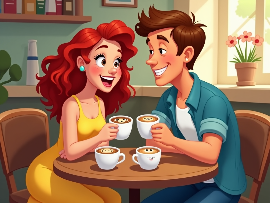 A cartoon couple at a cafe, sipping coffee and laughing animatedly, with whimsical latte art designs on the table.