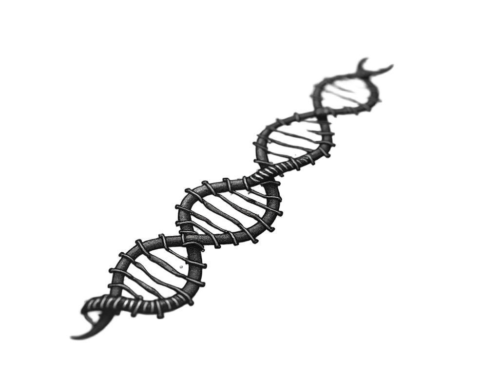 A depiction of DNA strands where the base pairs are replaced or interwoven with binary digits. Parts of the strand could appear more traditionally organic, while other sections transition into pure, distinct binary code, symbolizing the merging of biology and AI.