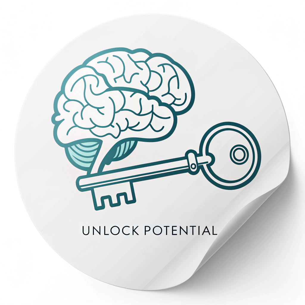 Simple Icon Sticker Idea: A minimalist icon combining a key and a subtle brain outline. The key's handle could form part of the brain's contour, representing 'unlocking' the mind's potential. Small text 'Unlock Potential' below.