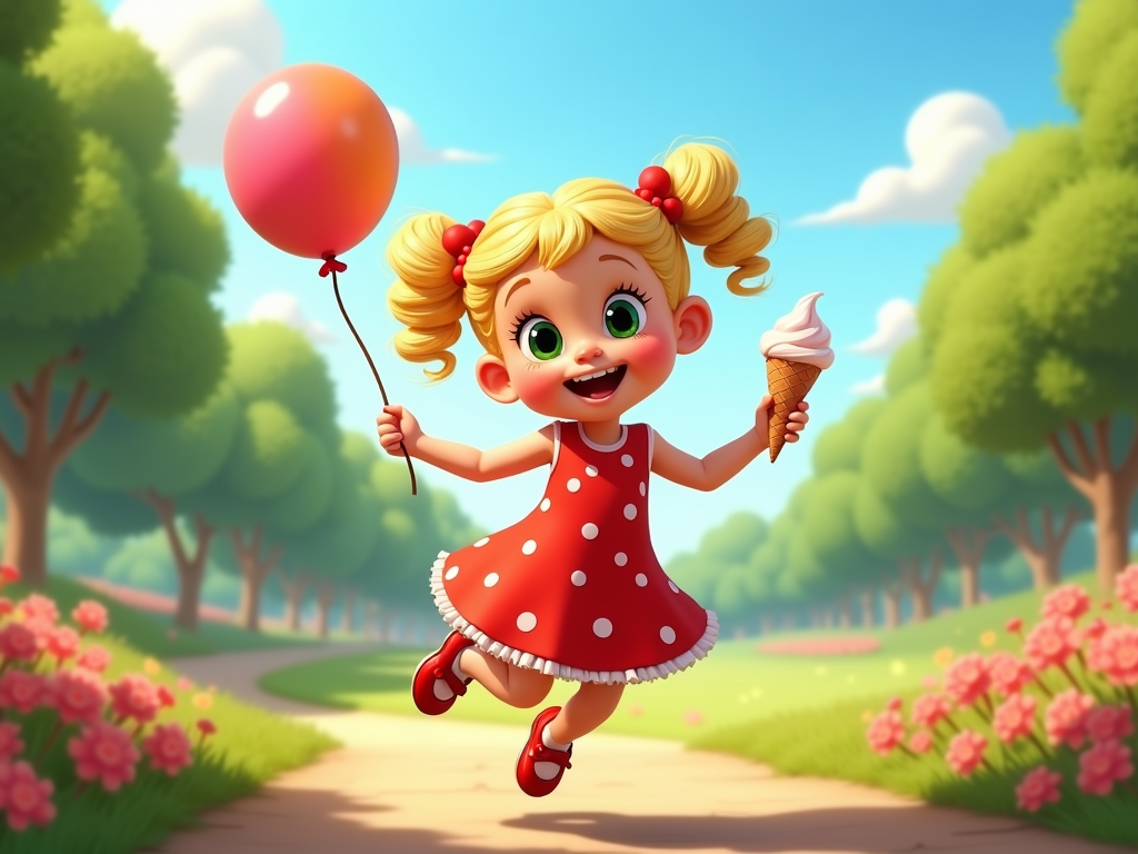  a young girl with blonde hair and green eyes, wearing a red dress with white polka dots and red shoes. She is holding a red balloon in one hand and an ice cream cone in the other hand. The girl is running on a path in a park with trees and pink flowers on either side. The sky is blue with white clouds and the grass is green. She has a big smile on her face and appears to be enjoying her ice cream.