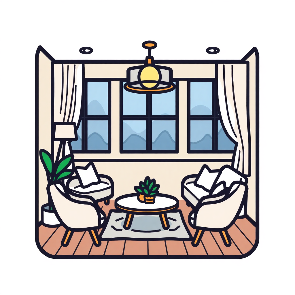 The image is an illustration of a living room with a large window. The window has white curtains and a view of the mountains outside. The room has a wooden floor and a round coffee table in the center with a potted plant on top. There are two armchairs on either side of the coffee table, one with a white cushion and the other with a beige cushion. A lamp is placed on the left side of each armchair. Above the table, there is a chandelier hanging from the ceiling. The overall style of the room is modern and minimalistic.