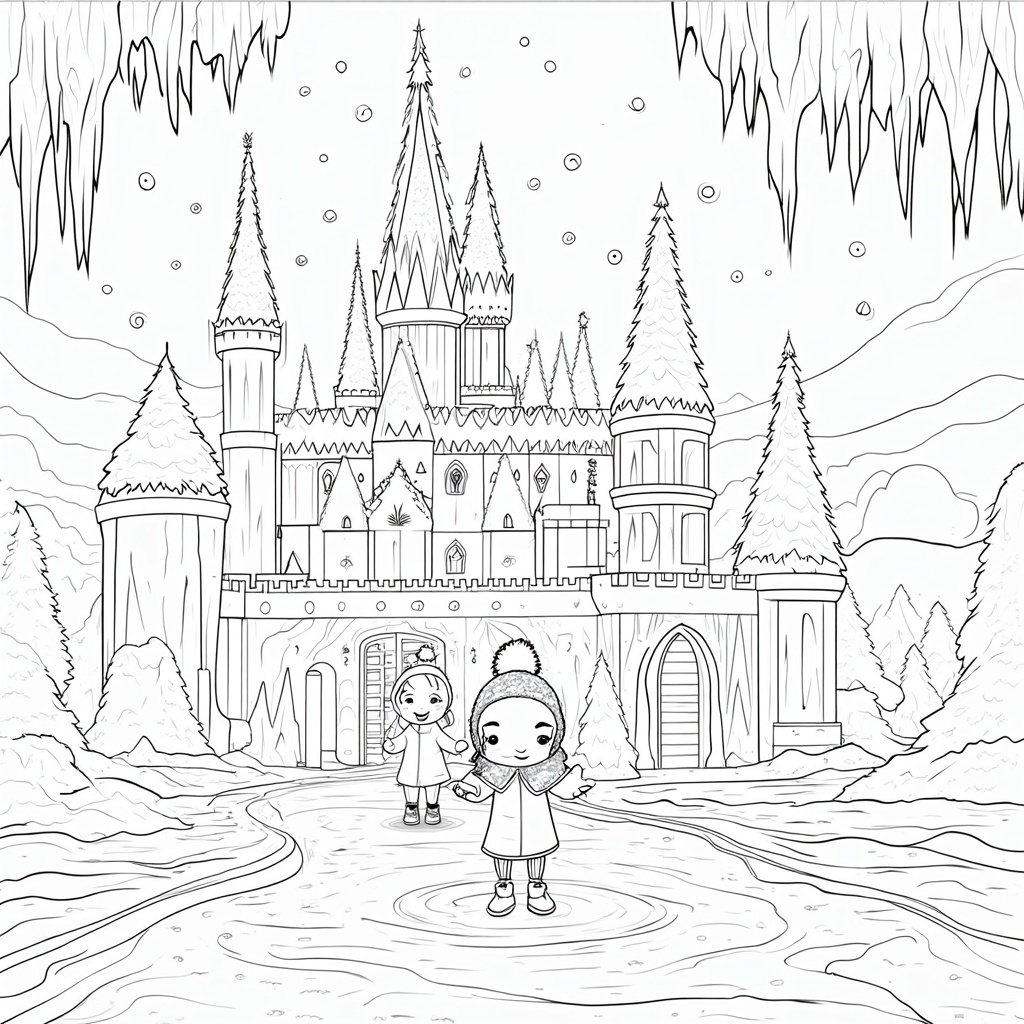 A scene of a frozen ice castle with towering spires and intricate details shimmering in the winter sun. Nearby, children play in the surrounding snow, their cheeks flushed with excitement. Icicles hang from every arch and ledge, adding to the icy grandeur.