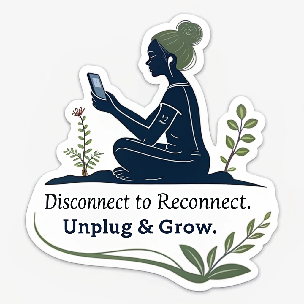 Sticker Design: A silhouette of a person in a relaxed, meditative pose. Instead of holding a phone, a small plant or flower is growing from their hands or head. Text: 'Disconnect to Reconnect. Unplug & Grow.'