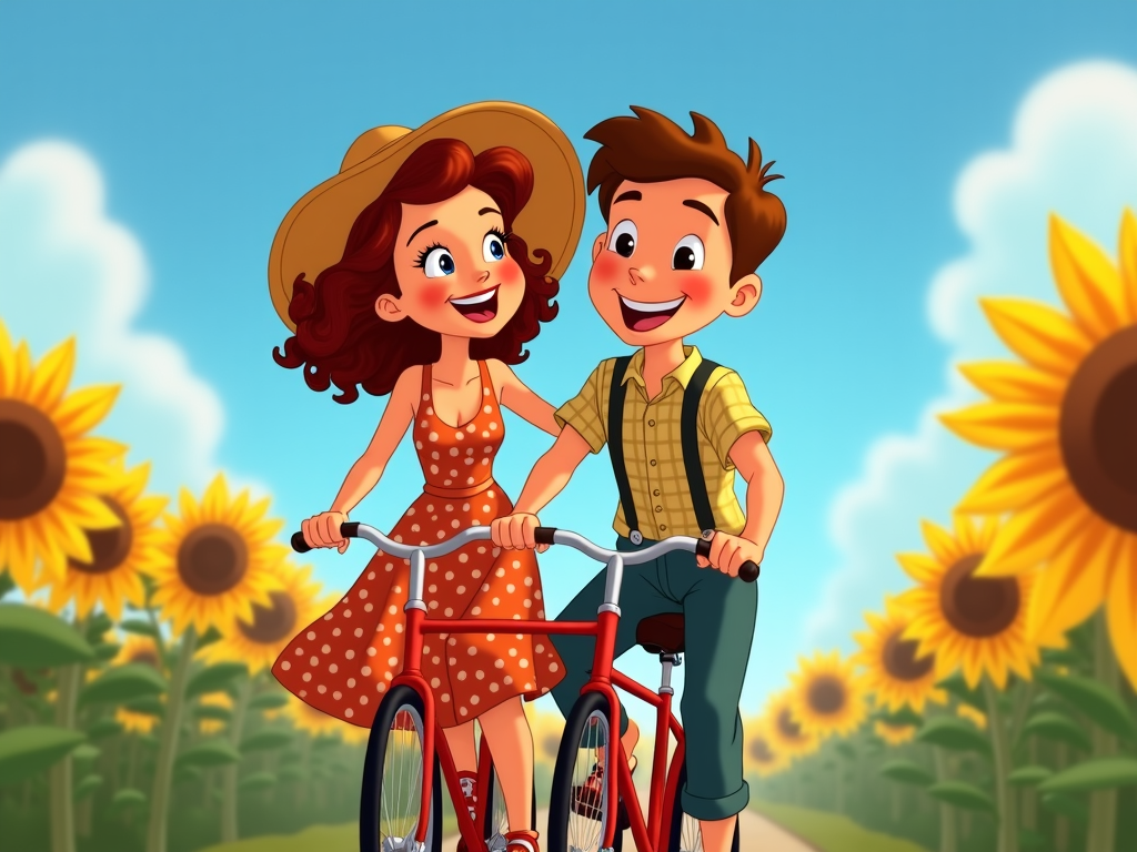 A cartoon couple riding a tandem bicycle through a field of sunflowers under a clear blue sky, both wearing vintage clothing and laughing.