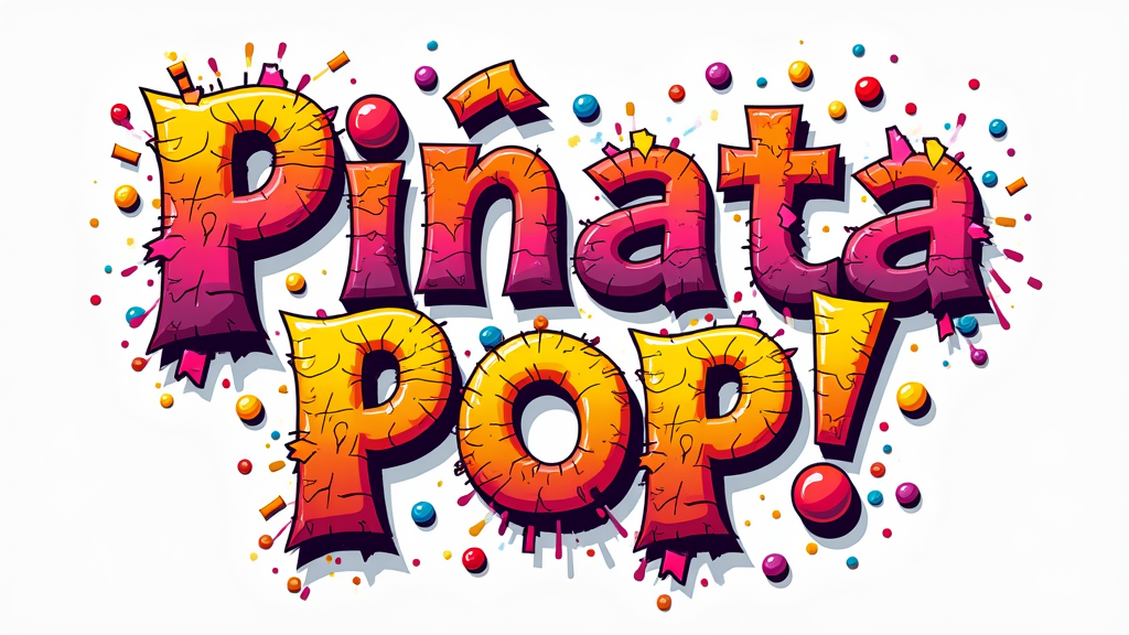 T-Shirt Design: 'Piñata Pop! Typography' - Feature the words 'Piñata Pop!' or 'Cinco de Mayo Fiesta' in a playful, custom font where letters are either filled with candy textures, are breaking apart like a piñata, or have candy elements exploding from them.