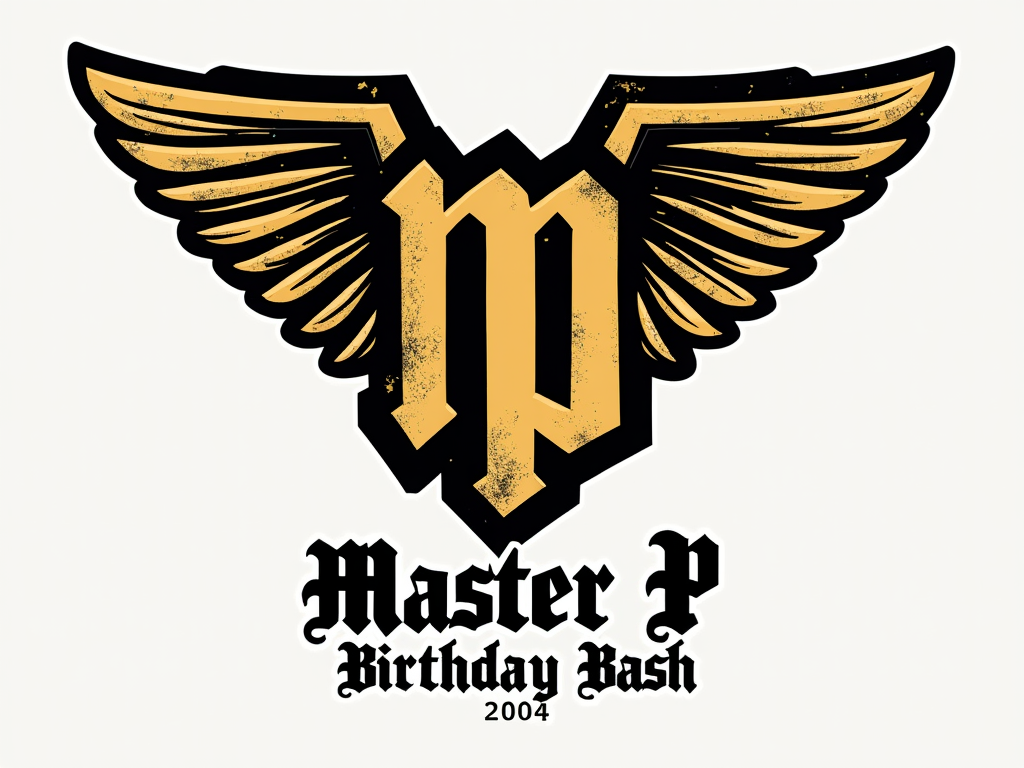 Simple Logo Idea: A stylized 'MP' monogram or a bold 'P' initial designed like a military chevron or rank insignia, fused with the silhouette of the classic No Limit tank. Accompanying text: 'Master P Birthday Bash' in a clean, impactful stencil or sans-serif font.