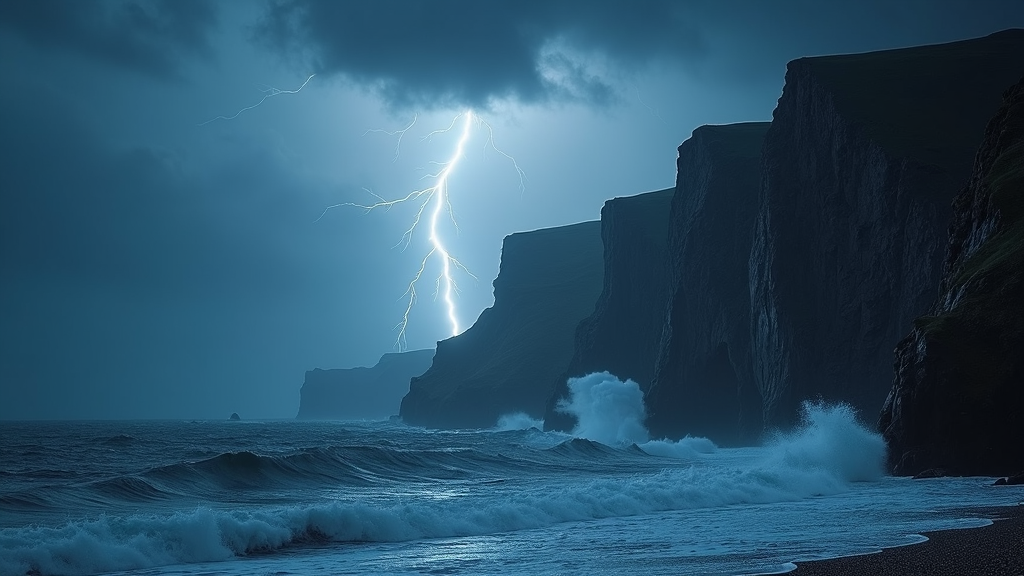 Wallpaper featuring a dramatic thunderstorm clashing above towering cliffs by the ocean. Lightning enshrines the rugged silhouette, highlighting the cliffs' austere beauty against an imposing sky. The tumultuous waves slam into these steadfast landforms, offering a spectacular juxtaposition of elemental fury and resolute resistance.