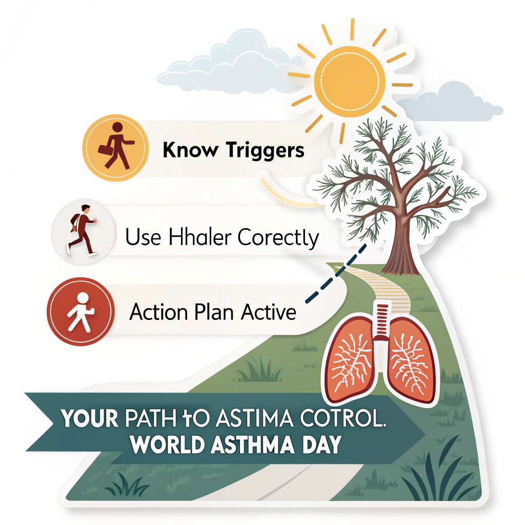 Sub Design Idea 5: The Path to Clear Breathing - Sticker depicts a symbolic, clear path leading upwards towards a bright sun or a healthy lung icon, with small textual milestones like 'Know Triggers,' 'Use Inhaler Correctly,' 'Action Plan Active.' Text: 'Your Path to Asthma Control. World Asthma Day.'