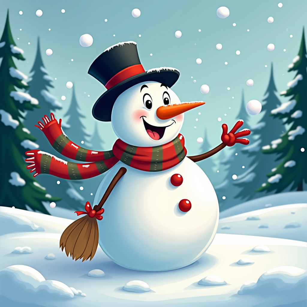 The image shows a snowman with a broom in the snow, surrounded by trees covered in a blanket of snow and a bright blue sky. The snowman is animated, with its arms outstretched and a cheerful expression on its face. The trees in the background are also covered in snow, adding to the wintery atmosphere.