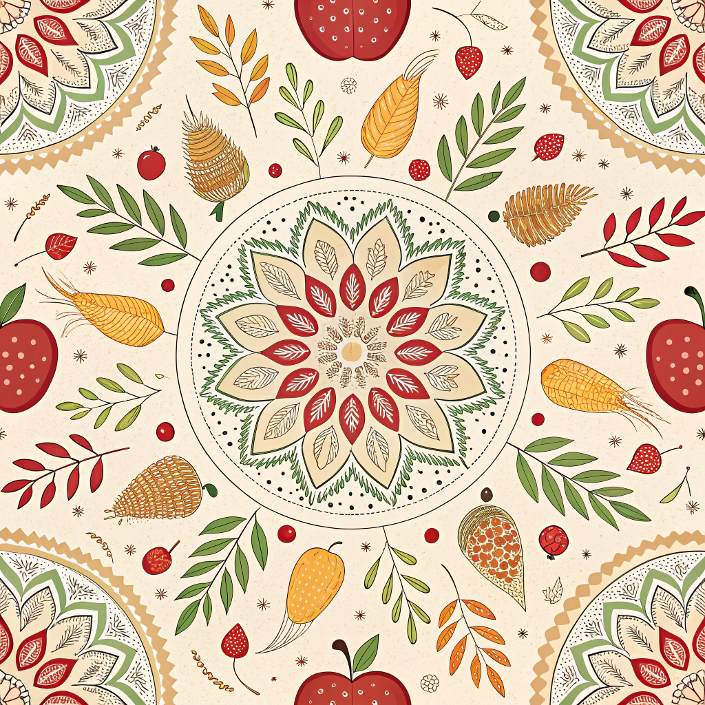 Thanksgiving pattern featuring intricate mandala designs composed of seasonal motifs like turkeys, apples, and corn. Set on an ecru backdrop, the delicate and repetitive patterns capture the harmony and unity represented by Thanksgiving gatherings.