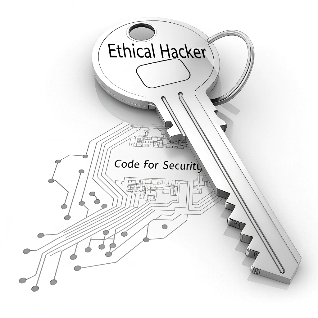 The Digital Key & Code Structure: A design featuring a prominent digital-style key, where the teeth of the key are formed by coding brackets like `</>` or `{}`, or even lines of code. This key could be unlocking a digital lock or opening a path through a maze of circuits. The text 'Code for Security' could be on the key's shaft, with 'Ethical Hacker' above or below the overall design.