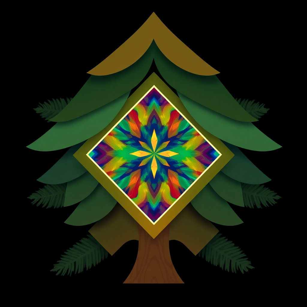 An abstract pine tree with overlapping layers forming the branches, and a diamond-shaped window in the center, showcasing a colorful abstract pattern.