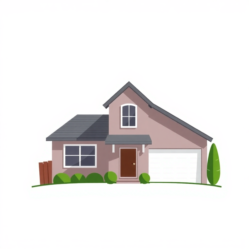 The image is a digital illustration of a single-story house. The house is painted in a light pink color with a gray roof and a white garage door. There are two windows on the front of the house, one on each side of the door, and a small window on the second floor. The front yard is well-manicured with green bushes and shrubs. There is a small tree on the right side and a wooden fence on the left side. The background is white.