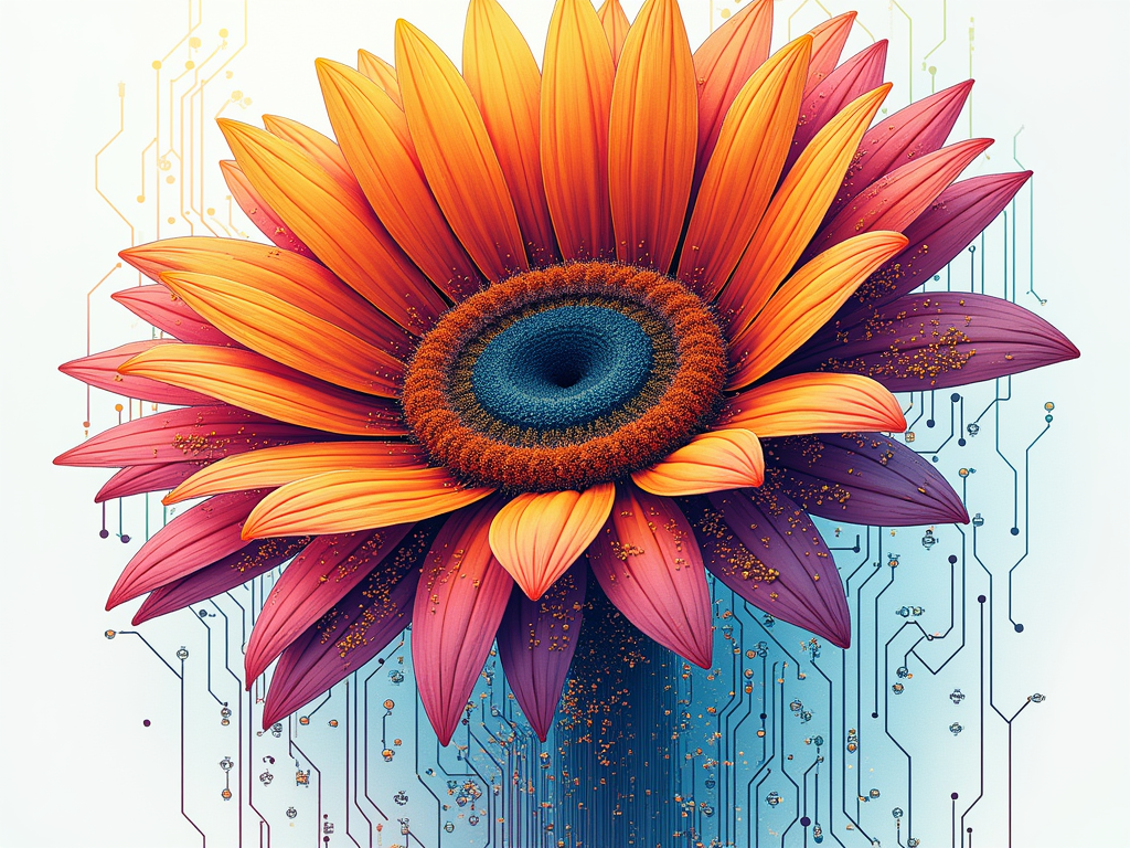 Recursive Circuit-Flower Network: A central, large daisy whose petal patterns and structure break down into smaller, fractal-like repetitions of interconnected daisies and electronic circuit elements. This symbolizes the fusion of organic growth and technological networks, creating a visually complex and deep design.