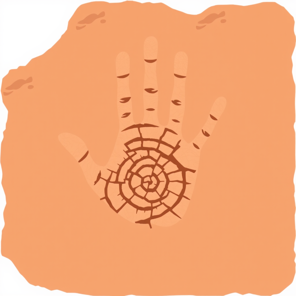 A stylized handprint logo where palm lines are depicted as tree rings or cracked earth patterns with a stamped or clay-like texture, symbolizing human connection to Earth and responsible stewardship.