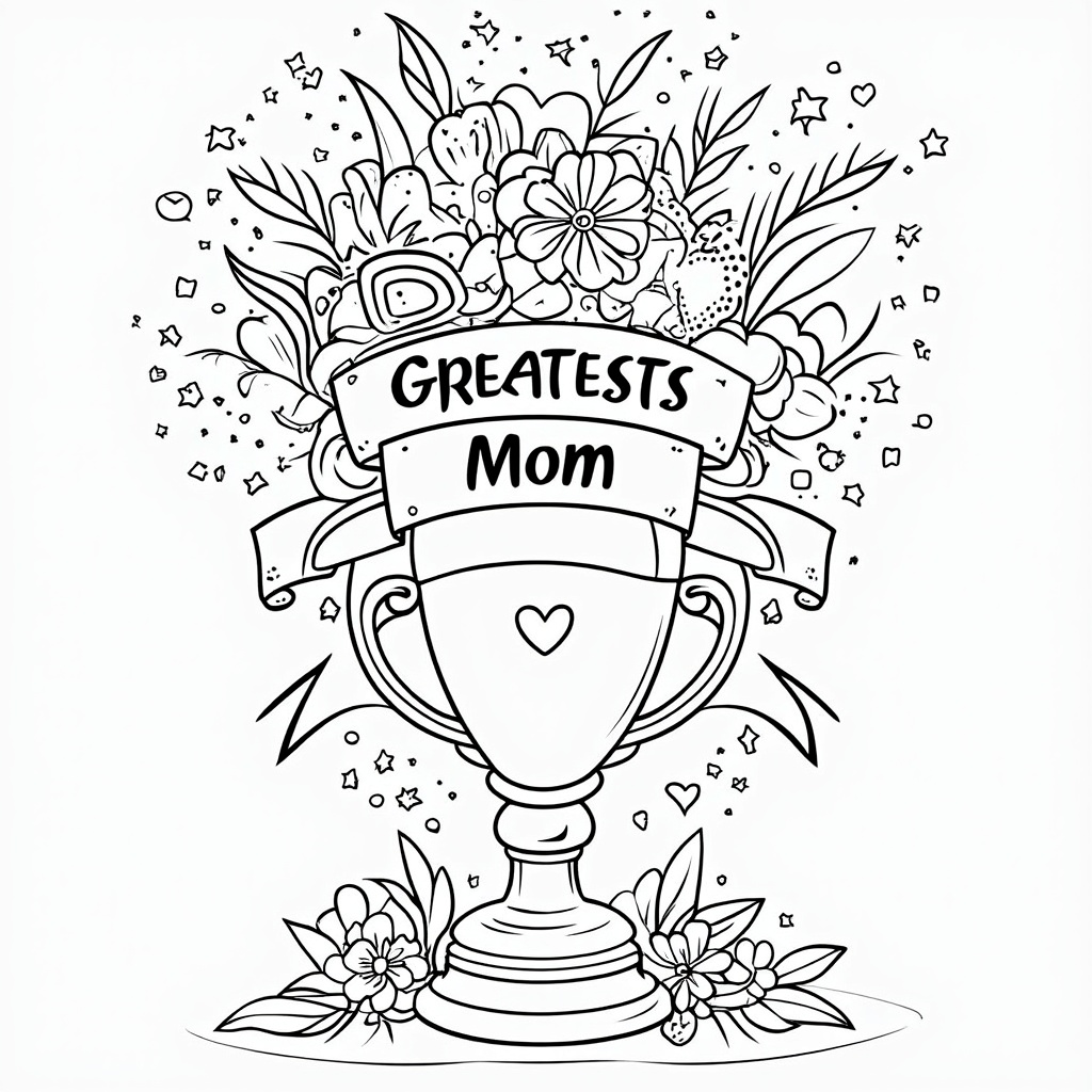 An illustration of a champion-style cup trophy overflowing with hearts, stars, and flowers, with a large banner draped across it reading 'Greatest Mom' and detailed patterns on the cup.