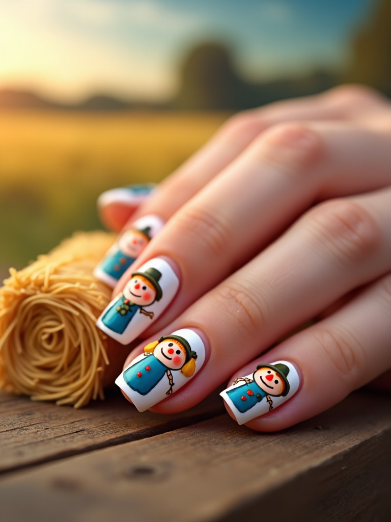 Charming nails featuring little scarecrows and bales of hay, set on a hobby farm-themed nail design.