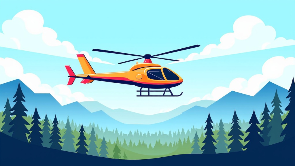 The image is an illustration of a helicopter flying over a mountainous landscape. The helicopter is orange and red in color and is in the center of the image. It is flying over the mountains with a blue sky and white clouds in the background. The mountains are covered in green trees and there is a body of water below. The sky is a light blue color and the mountains are a darker shade of blue. The overall scene is peaceful and serene.