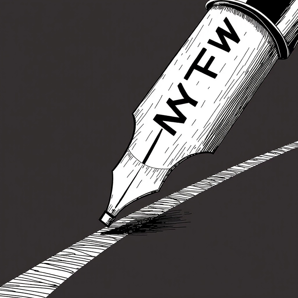 Illustrative Homage Emblem: A simple logo/icon idea for the 'Illustrated Homage' project itself, featuring a stylized sketch pen nib that elegantly transforms into a runway line, with 'NYFW' subtly integrated to represent the artistic tribute.