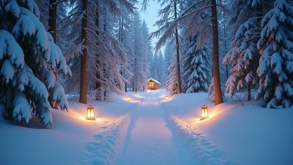 An enchanting snow-laden forest pathway lit by the soft glow of lanterns guiding towards a distant cozy cabin. The hushed serenity and untouched snow create an ethereal atmosphere, inviting explorers to experience the tranquility of winter wonder and the promise of warmth and comfort at the pathway's end.