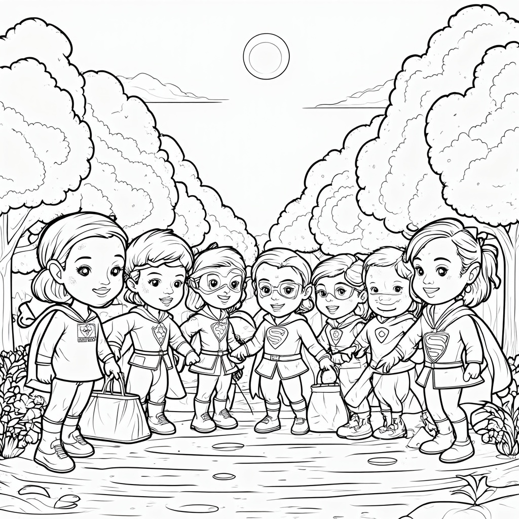 A group of diverse child superheroes working together to clean up a polluted park, highlighting teamwork and environmental responsibility.