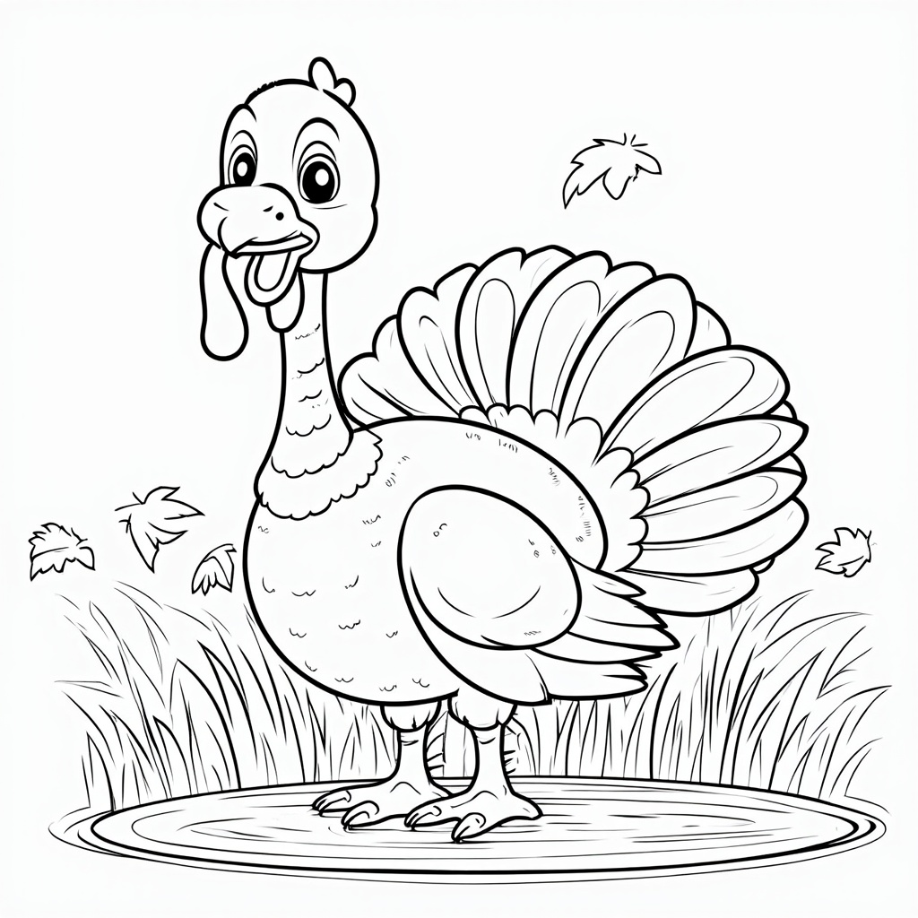 A child's sketch of a turkey with a large feathered tail and a smiling beak.