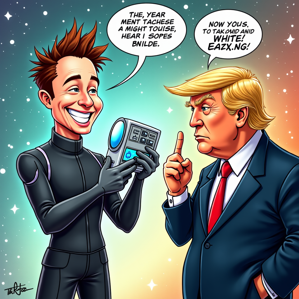 Caricature of Elon Musk presenting a futuristic gadget to Donald Trump in a comic strip panel, with speech bubbles containing humorous banter.