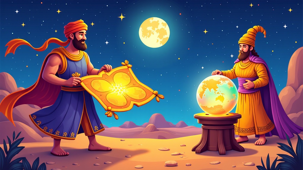 Artworks showcasing the discovery or use of magical treasures by characters from Arabian Nights, such as a hero finding an enchanted map, or a sorcerer consulting a crystal ball revealing visions.