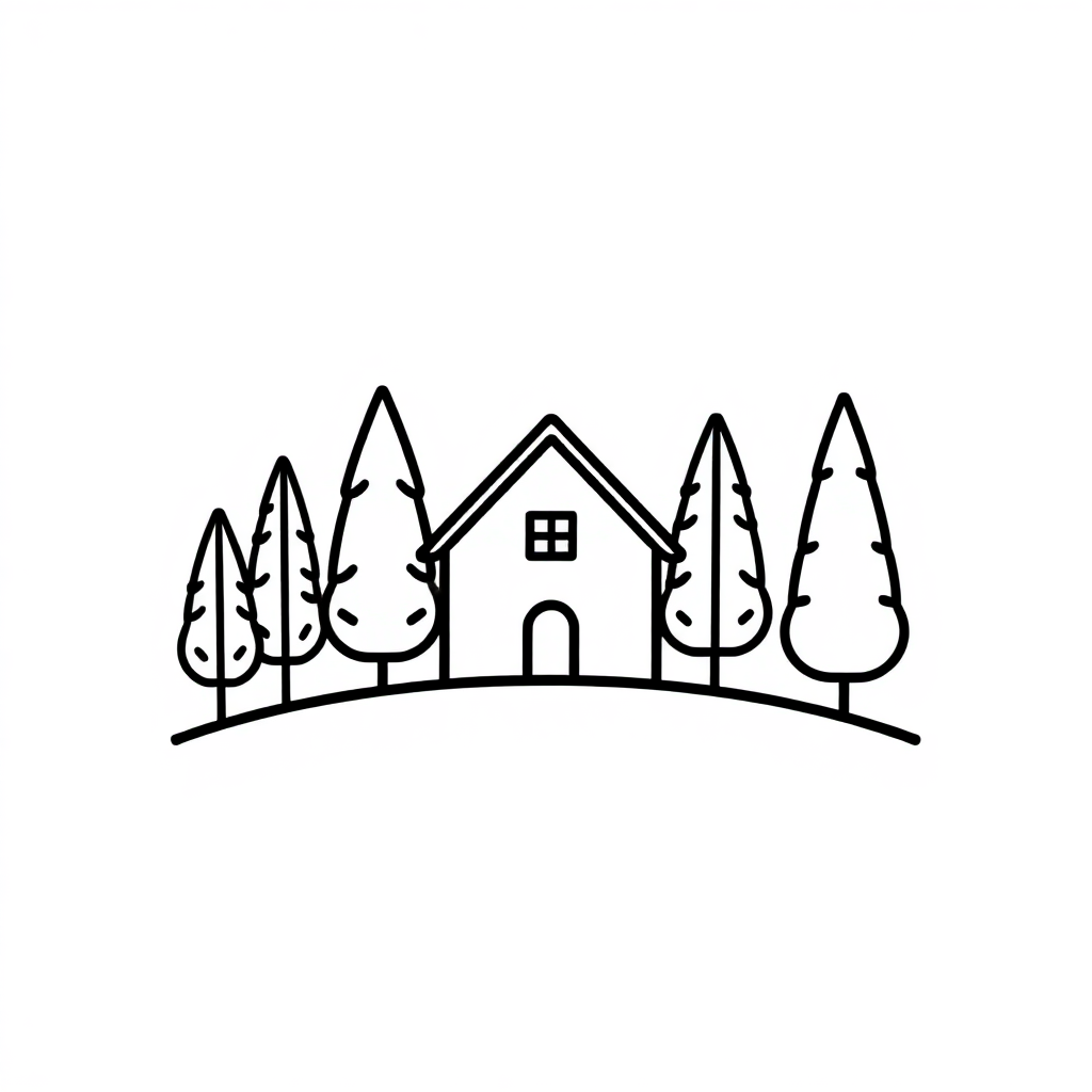 A single, continuous line forming the outline of a house, nestled among stylized trees represented by vertical lines, with a focus on negative space.