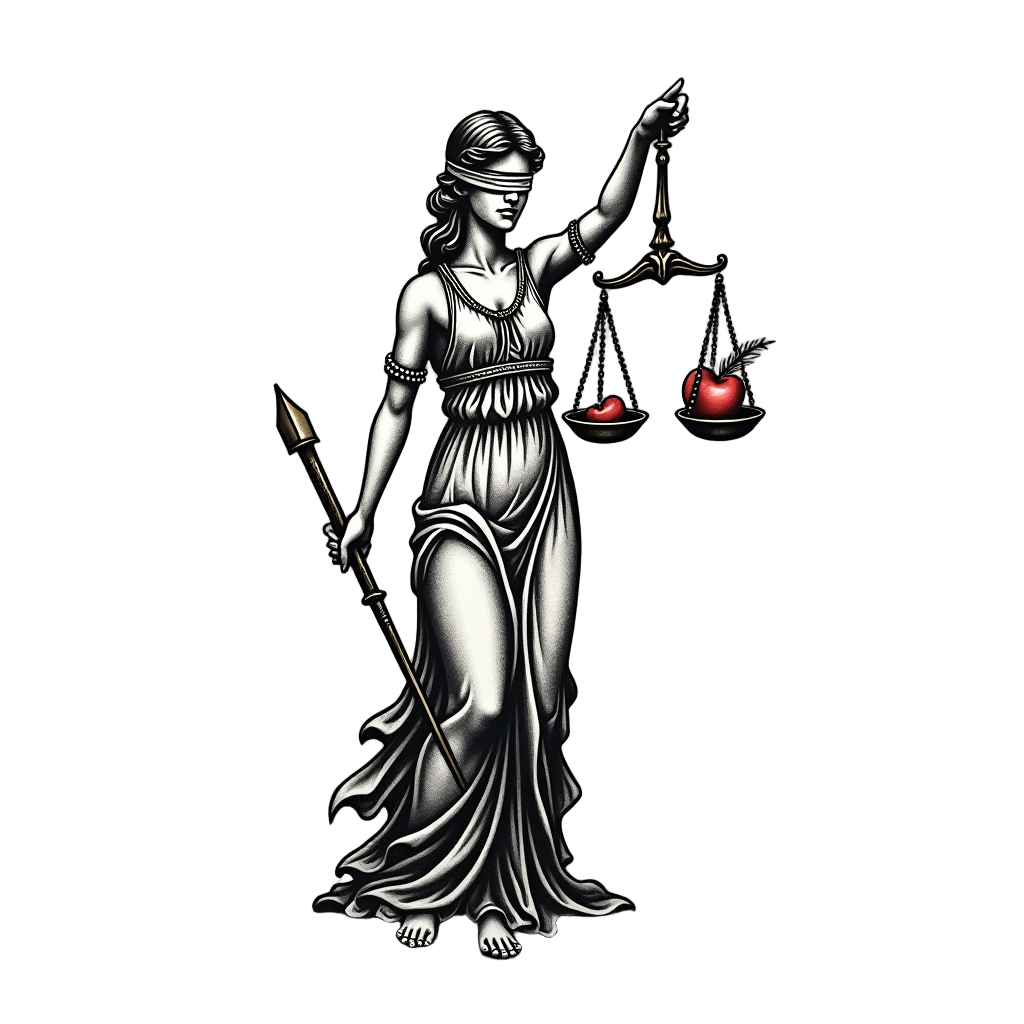 A symmetrical design for a Lady Justice tattoo highlights balance, with one scale holding a feather and the other a heart.