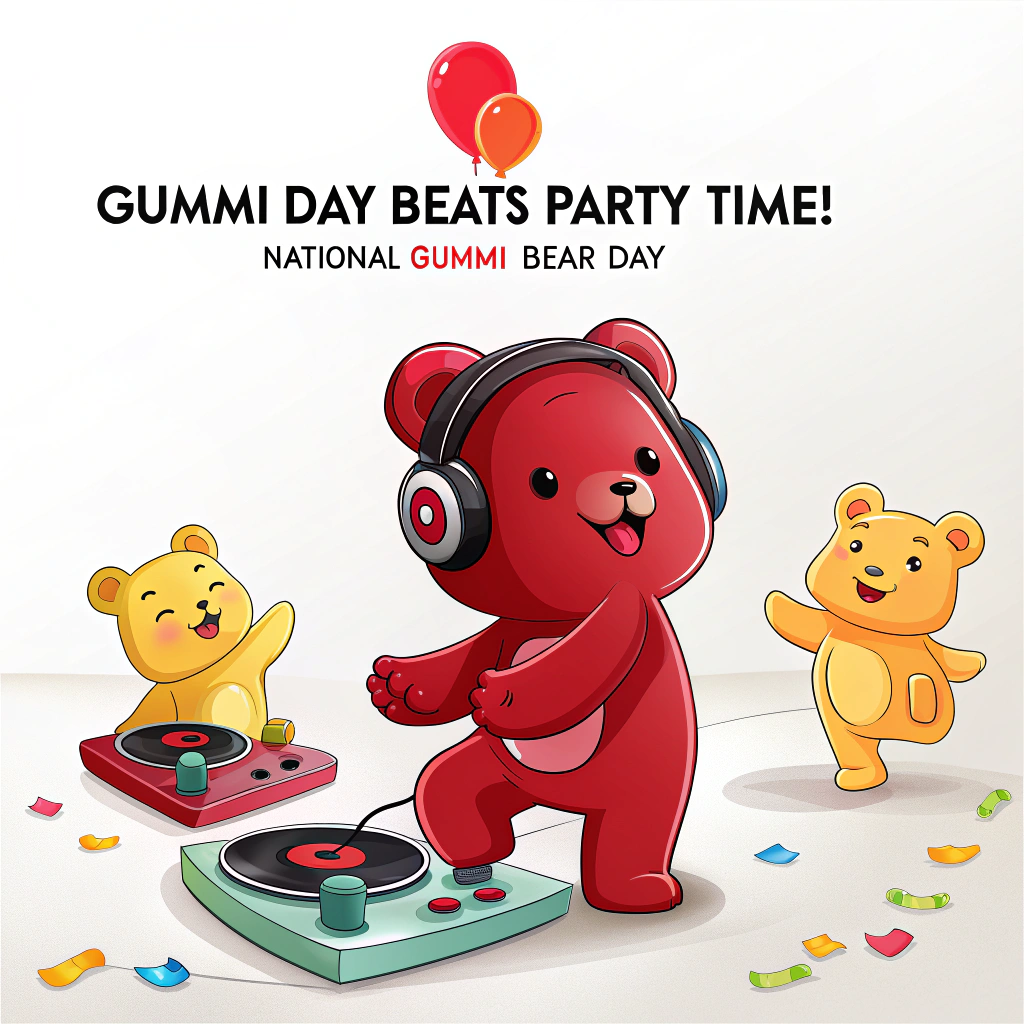 Sub Design Idea 4: Feature a single, charismatic Gummi Bear DJ wearing headphones and spinning records on tiny turntables, with smaller Gummi Bears dancing in the background. Text: 'Gummi Day Beats - Party Time!' and 'National Gummi Bear Day'.