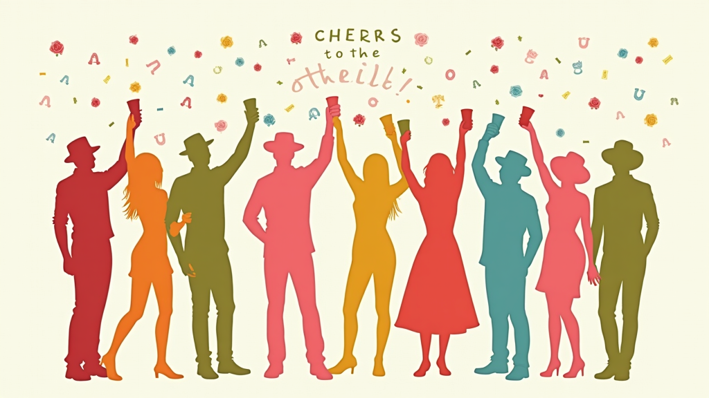 T-Shirt Design: 'Julep Cheers & Silhouettes'. Focuses on the social festive atmosphere with silhouettes of diverse people in Derby attire raising Mint Julep cups. Background: subtle pattern of horseshoes and roses. Text: 'Kentucky Derby 2025 - Cheers to the Thrill!'