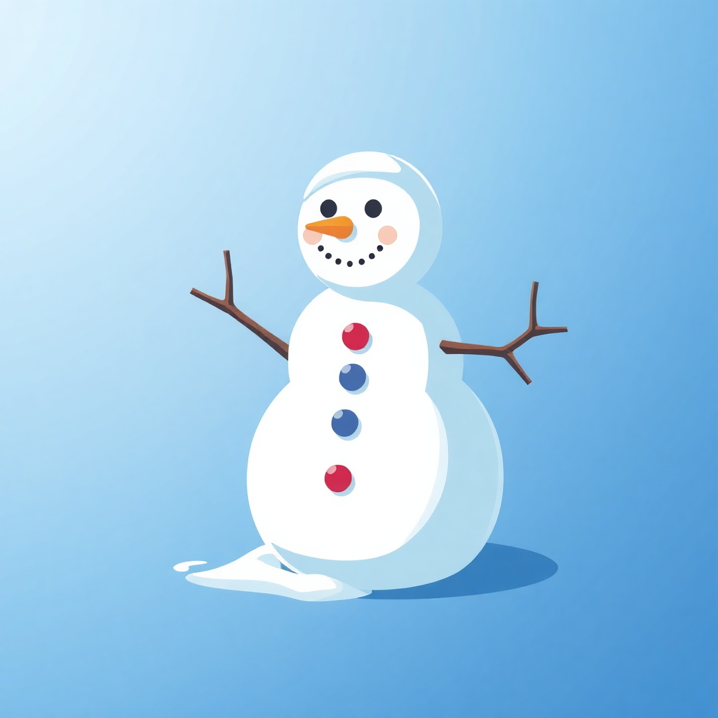 The image shows a snowman with two eyes, a carrot nose, and two sticks sticking out of its mouth, standing on a blue background.