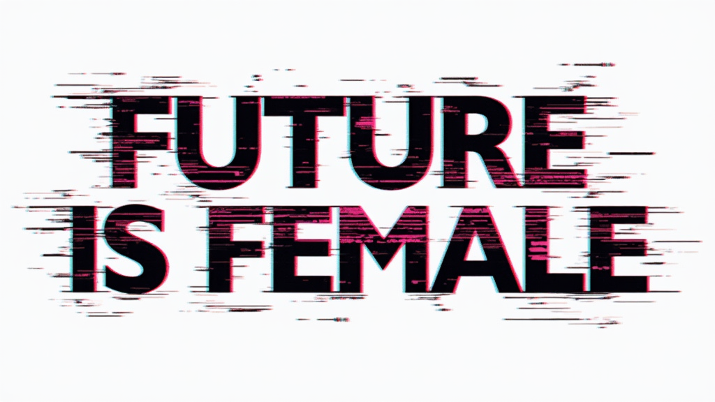 Digital Glitch Typography: 'FUTURE IS FEMALE' in a strong, bold font featuring a digital glitch effect (pixelation, line displacement, RGB split) on parts of the text. The word 'TECH' can be either part of the glitched text or appear clearly, contrasting with the effect.
