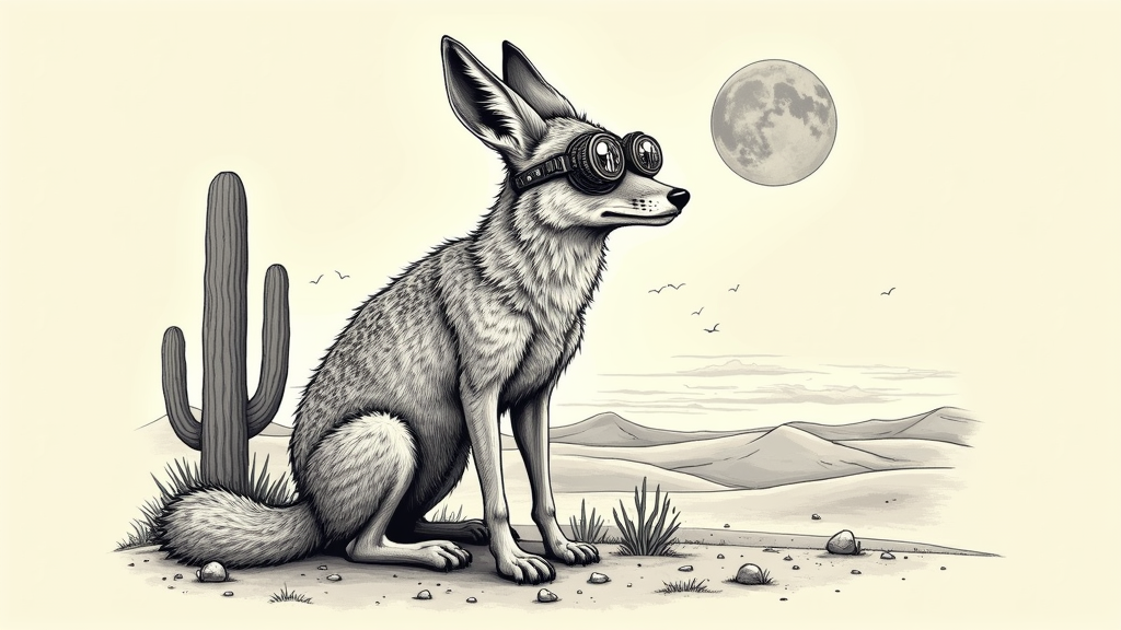 Sub-Design Idea 5: 'Spirit Animal Visionary' - An iconic illustration of a desert spirit animal (e.g., coyote, owl, jackrabbit) wearing intricate, steampunk-style goggles. The animal and goggles are rendered with detailed line work and symbolic patterns, representing the visionary experiences fostered by Burning Man.