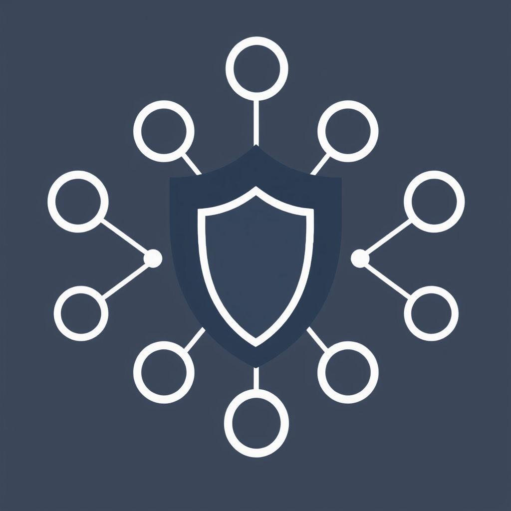 Simple Icon Idea: A central shield emblem with several interconnected circular nodes radiating outwards or clustered neatly around it, conveying protected connectivity.