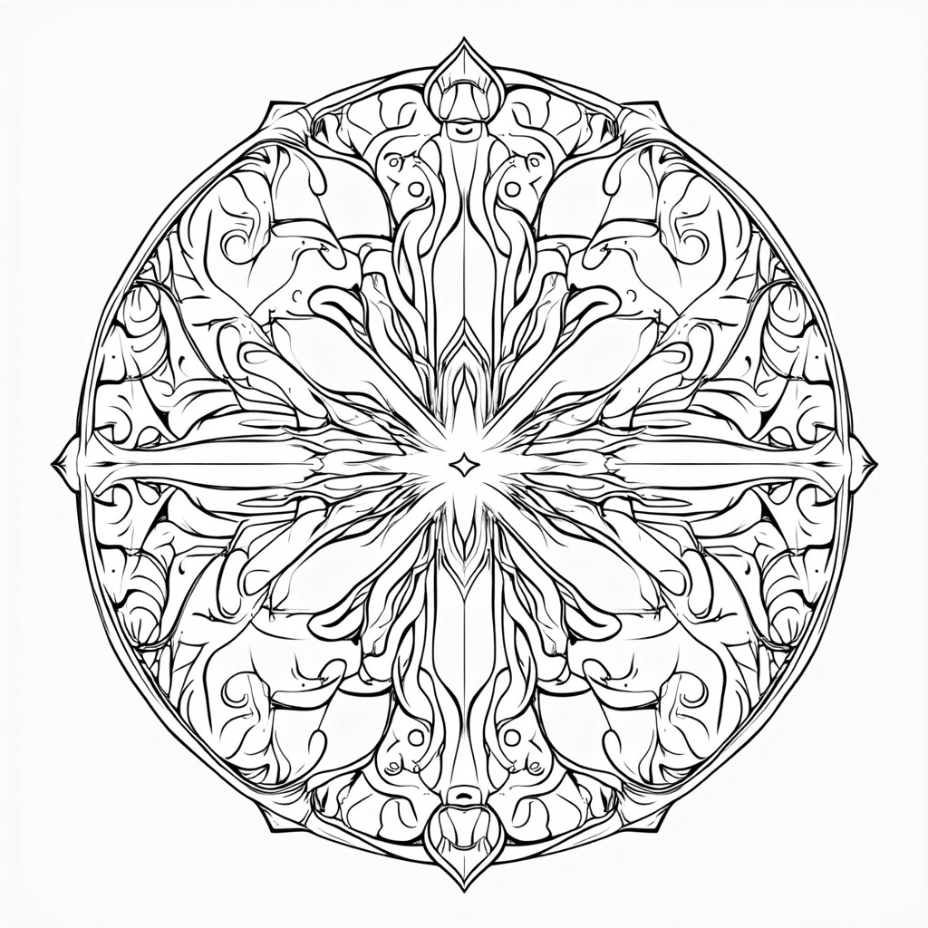 Visualize simple quantum algorithms or qubit interactions as intricate patterns or mandalas. Different segments can be colored to represent different computational steps or outcomes.