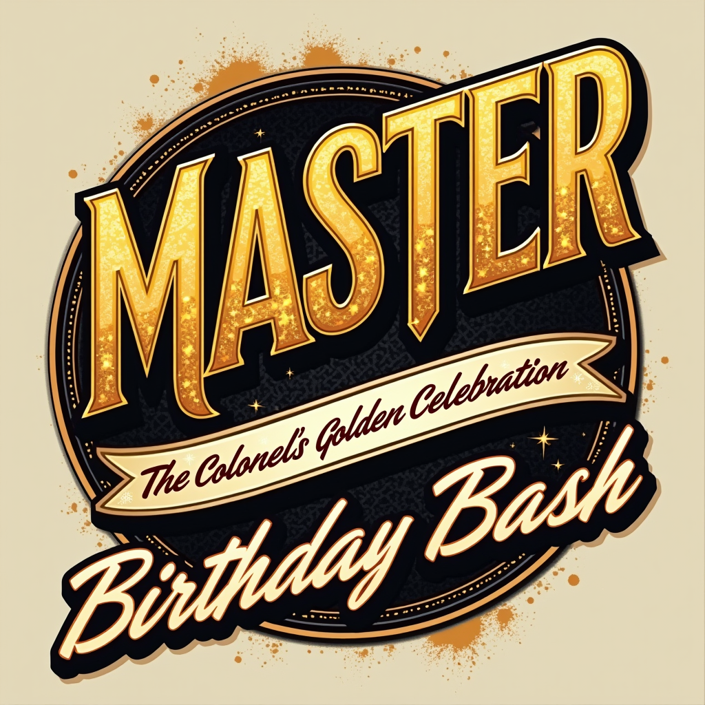 Typography-focused design with 'MASTER P' in a large, bold, metallic gold font, possibly with a 3D effect. 'The Colonel's Golden Celebration' would be a secondary text element, perhaps in a classic serif font, with 'Birthday Bash' highlighted.