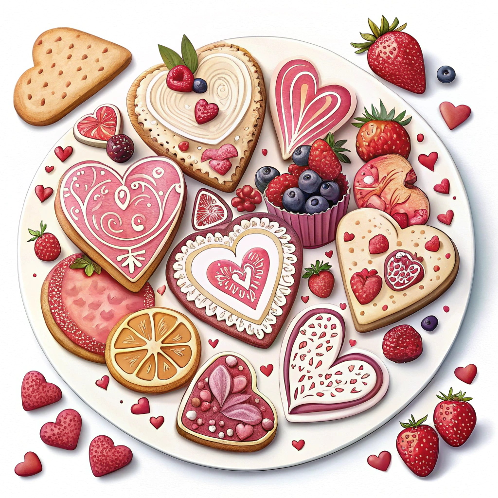 A variety of stickers illustrating heart-shaped foods, like cookies, cakes, and fruits, decorated with romantic patterns and colors suitable for Valentine’s day.