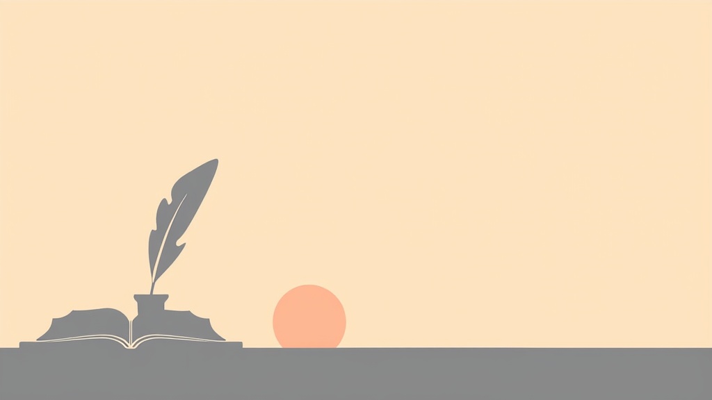 Minimalist illustration focusing on the silhouettes of a quill standing upright in an inkwell placed beside an open book. The background could be a simple gradient suggesting dawn or dusk.