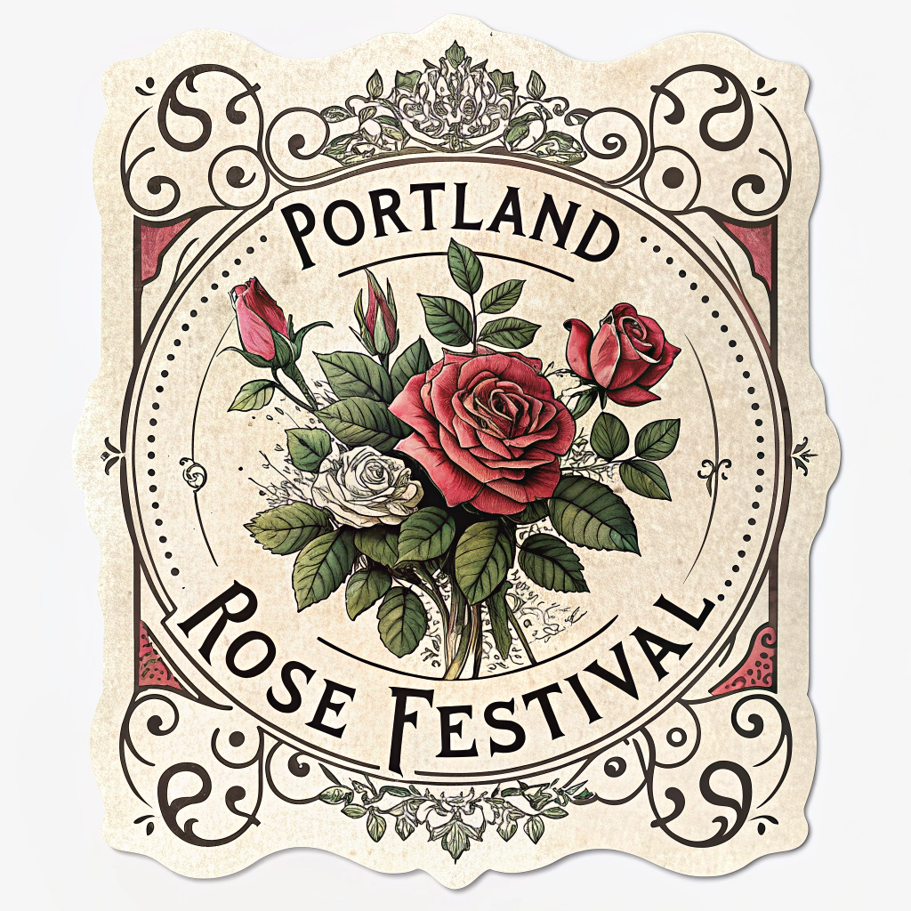 Victorian Seed Packet Homage: Design the sticker to resemble a vintage Victorian-era seed packet label for the 'Portland Rose Festival'. This would feature a lush, detailed romantic rose illustration, possibly a cluster. Ornate typography, decorative borders, and an aged paper texture effect with 'Portland Rose Festival' prominently displayed.