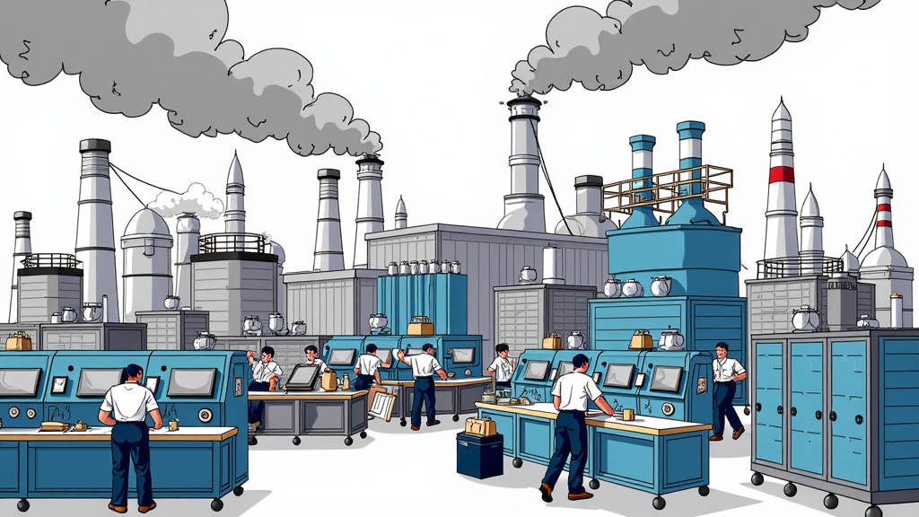 The image is an illustration of a factory with multiple large machines and workers. The factory has multiple chimneys with smoke billowing out of them, indicating that the smoke is coming from the chimneys. The machines are blue and appear to be made of metal and are arranged in a neat and orderly manner. There are several workers in the image, some standing and some walking around the machines. The background is white, and the overall color scheme of the image is blue and gray. The image appears to be hand-drawn and has a cartoon-like quality.