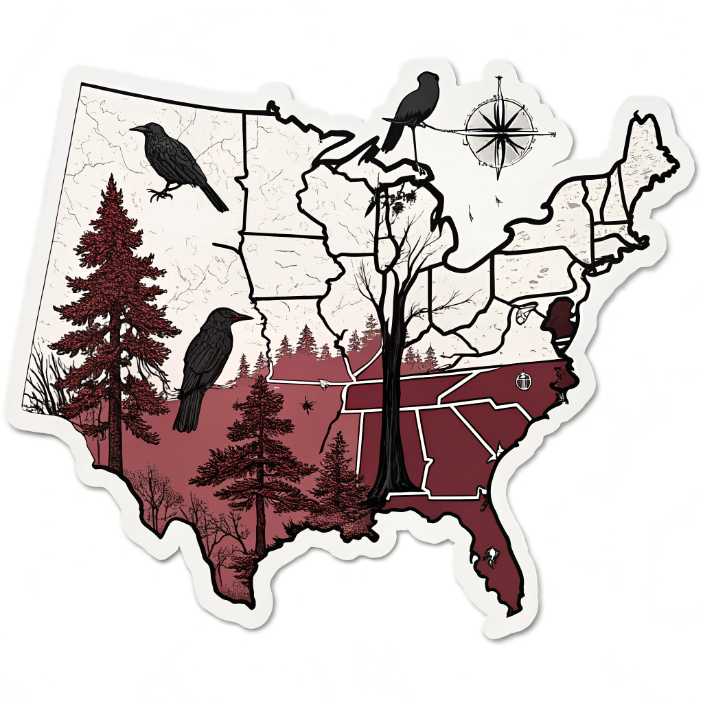 A creepy, distorted map of the Southern states, with key cities marked by unsettling symbols like ravens or gnarled trees.